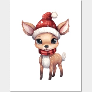 White-Tailed Deer in Santa Hat Posters and Art